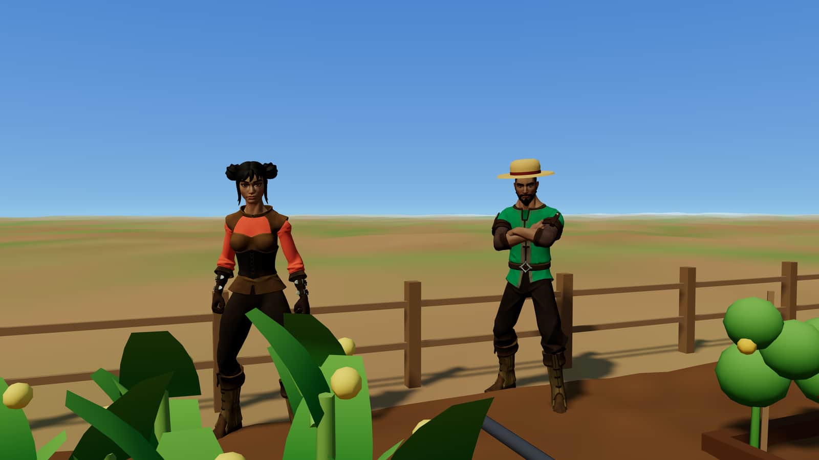 Keme and a player standing in the farm